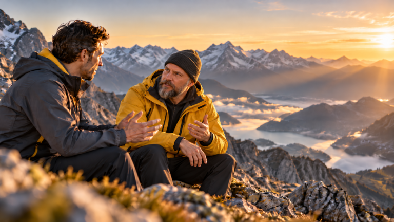 Zwei Männer im Gespräch auf einem felsigen Berg mit Blick auf die Alpen im Abendlicht. Einer trägt eine gelbe Jacke.