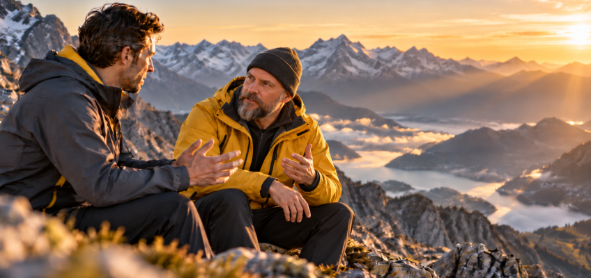 Zwei Männer im Gespräch auf einem felsigen Berg mit Blick auf die Alpen im Abendlicht. Einer trägt eine gelbe Jacke.